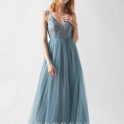Dusty Blue V Neck Sleeveless Long Bridesmaid Dress